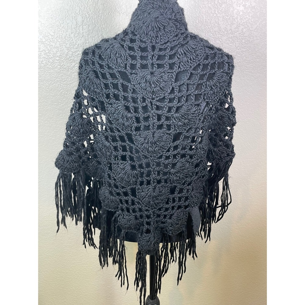 Handmade Womens OS Shawl Black Crochet Fringe Boho Open Knit Wrap Chic Evening